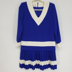 Vintage 80s Dress Stanley Platos Martin Ross Colorblock Pleated Drop Waist Blue